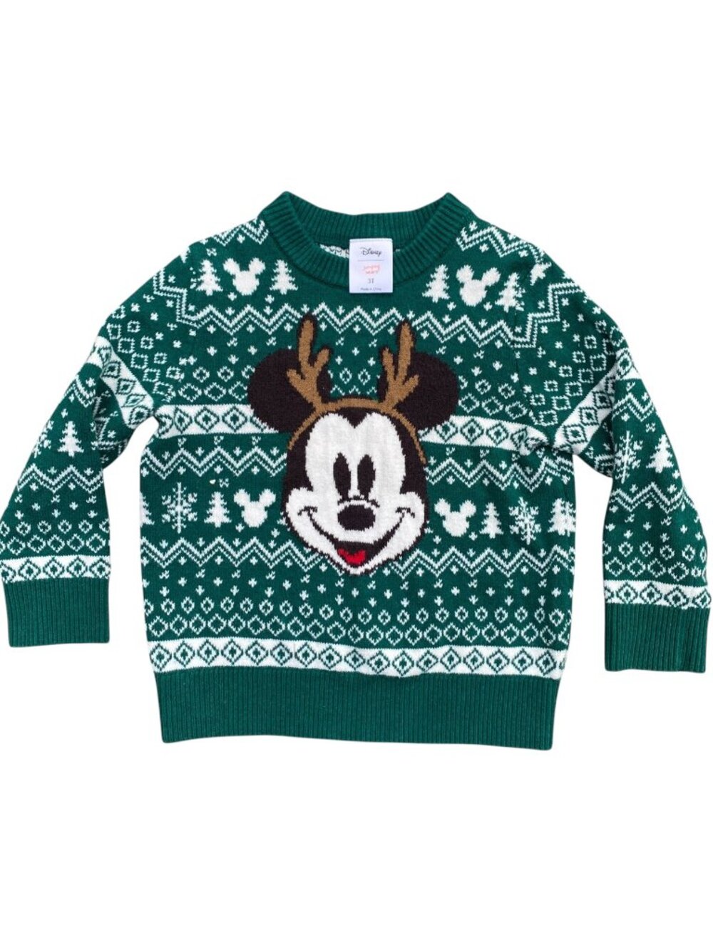 Disney Jumping Beans Mickey Mouse Reindeer Christmas Sweater Green Fair Isle 3T